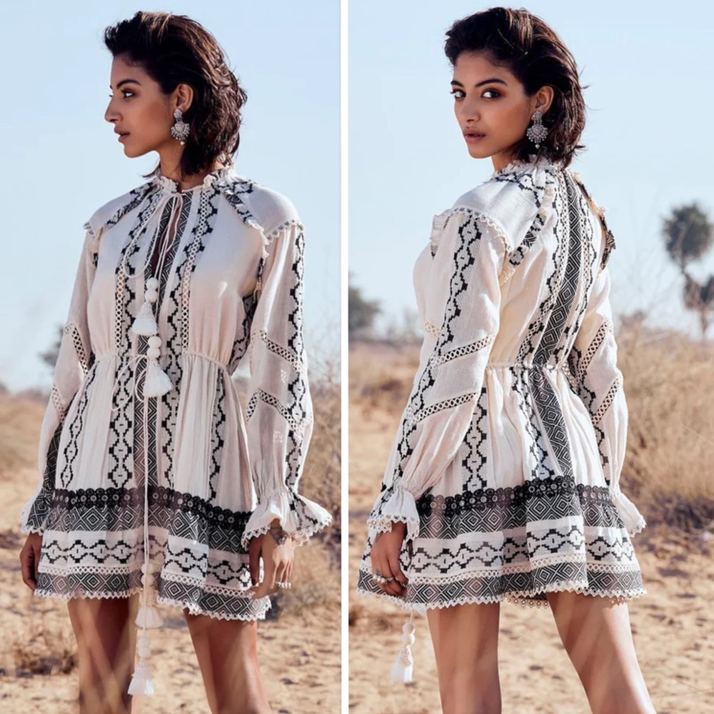 Hemant & Nandita Moira Boho Short Dress In Natural / Black Size M - Picture 2 of 14
